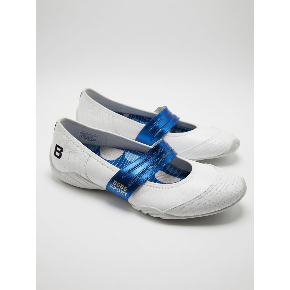 Y2K Bebe Sport Womens White Blue Leather Mary Jane Ballet Flats 8 Puma Sporty - Picture 1 of 11
